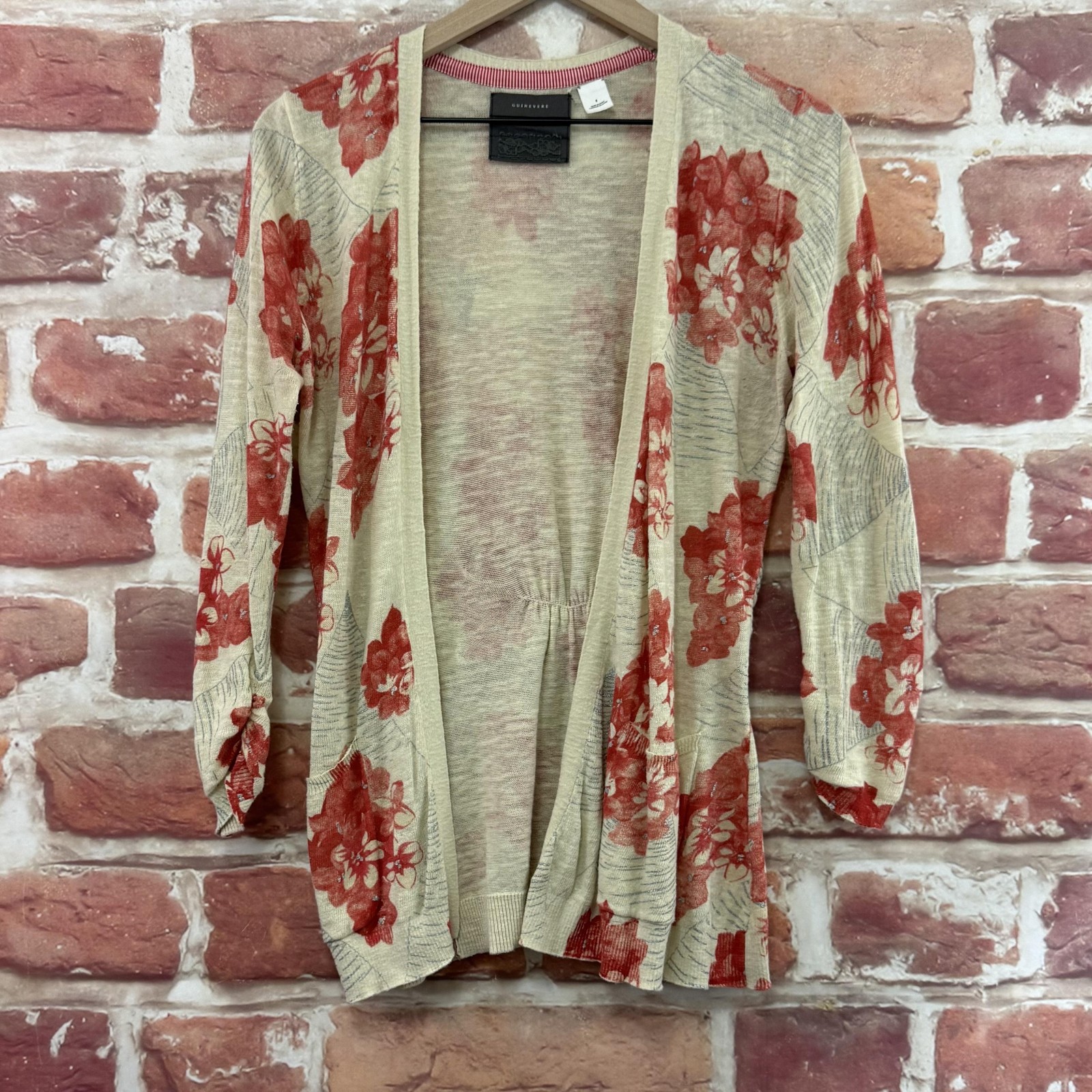 Anthropologie Guinevere Cardigan Cream Red Womens S Floral Twist Back Sweater