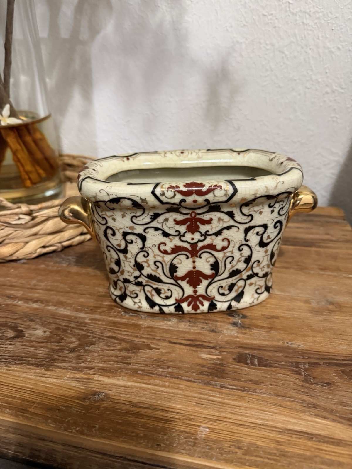 Amita Porcelain Crackle Glaze Gold Black Red & Off White Planter 8 Amita Porcelain Crackle Glaze Gold Black Red & Off White Planter 8