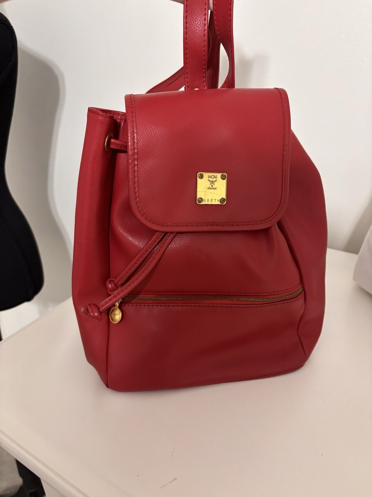 Vintage MCM München Red Leather Small Backpack Drawstring Flap Gold Hardware
