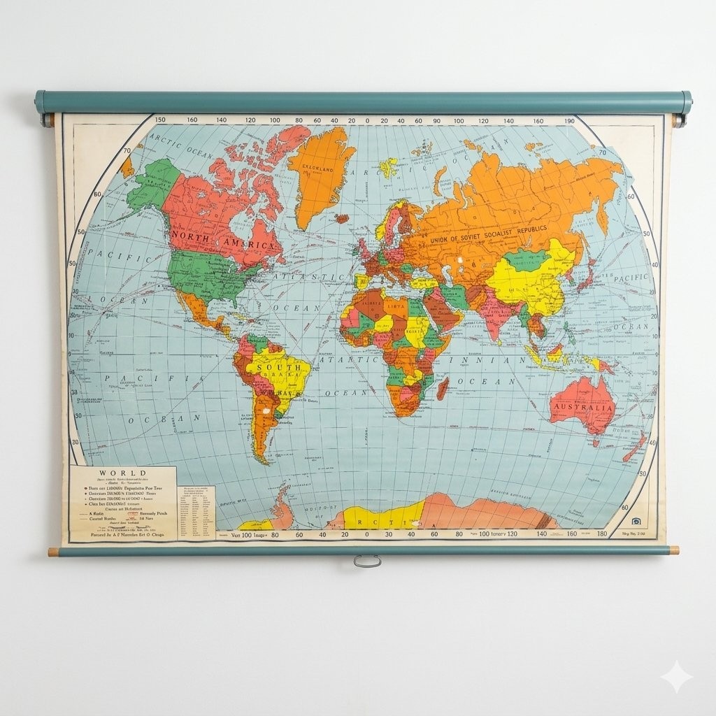 VTG 1964 Nystrom F98 World Map Spring Roller Holder Pull Down Wall Art Complete