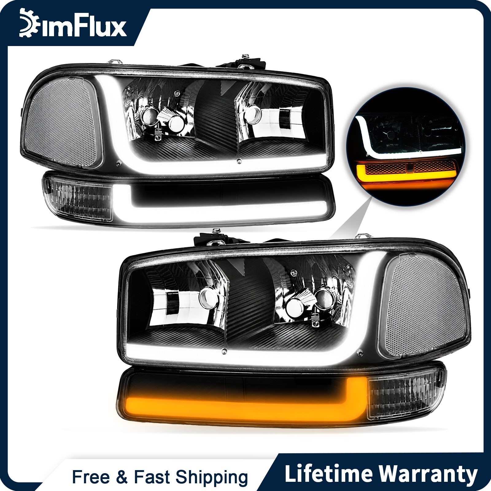 DimFlux Headlights for 99-07 GMC Sierra 1500 00-06 Yukon XL 1500 Black Housing DimFlux Headlights for 99-07 GMC Sierra 1500 00-06 Yukon XL 1500 Black Housing