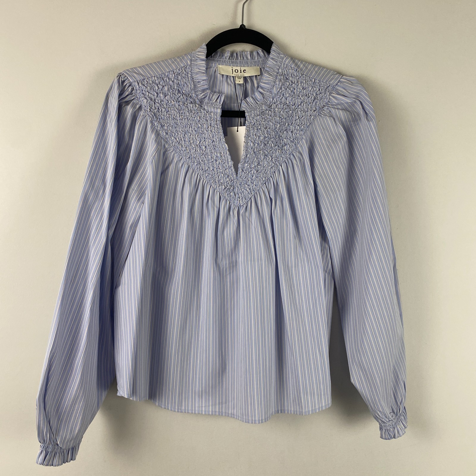 Joie Blouse S Blue White Stripe Smocked Bib Ruffle Neck Long Cotton Blend Boho