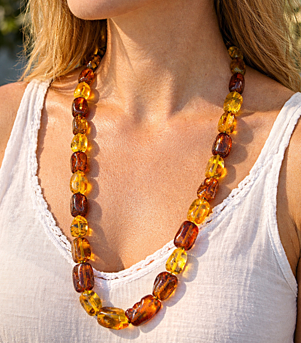 Genuine Polished Baltic Amber Necklace Multicolor 55 cm - 21.5 inch, Handmade