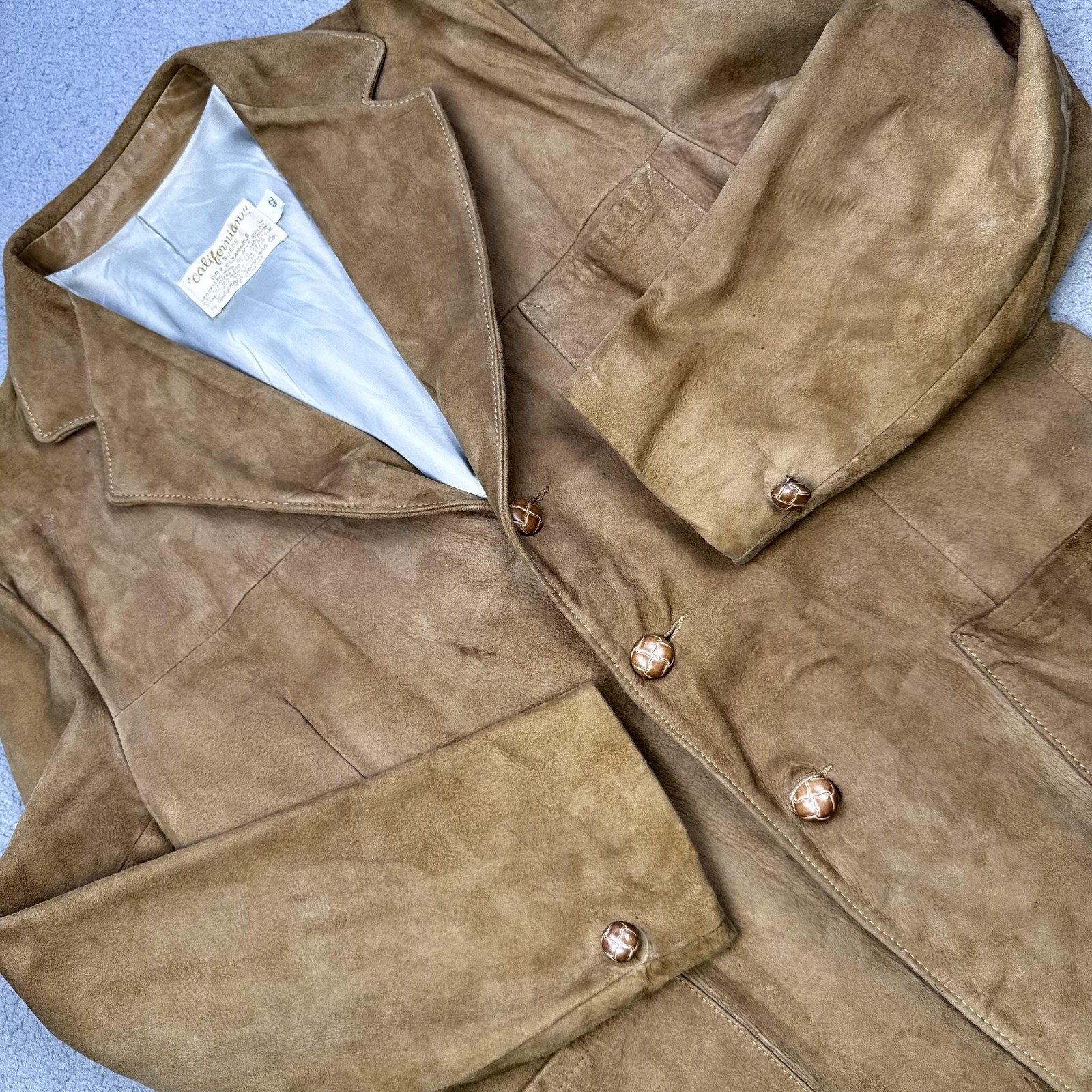 Vintage Californian Suede Jacket Mens 42 Tan 3 Button Sport Coat Patch Pockets