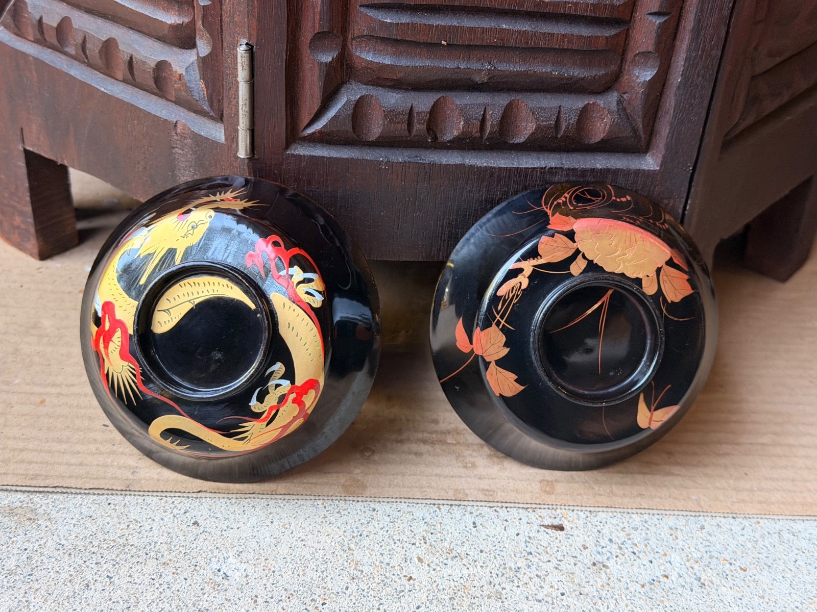 Vintage Japanese Maki-e Lacquerware Bowls Set 2 Red Black Dragon Floral 4.2\