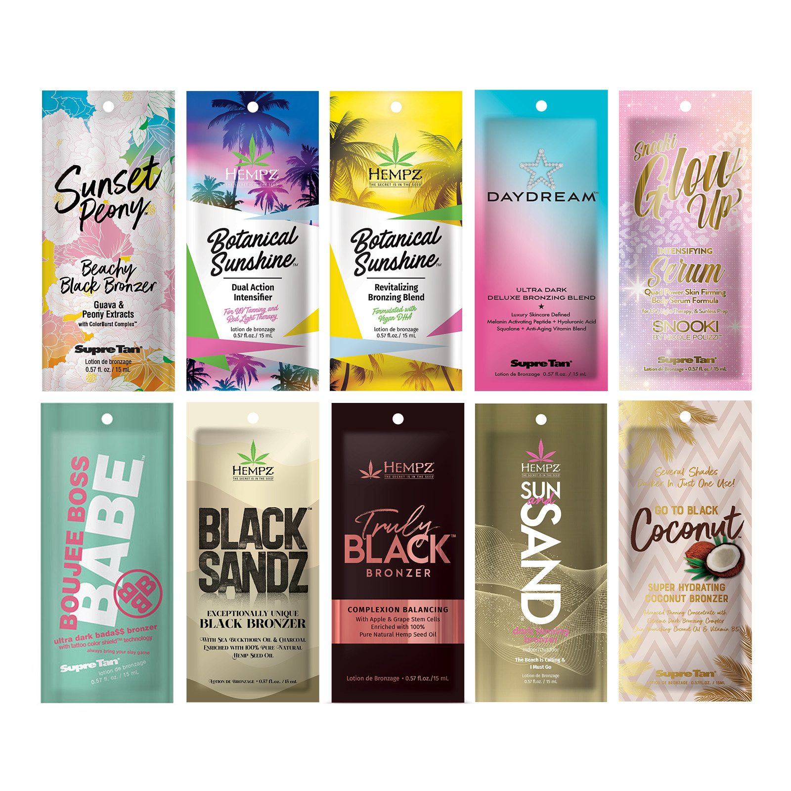 10 Different Tanning Lotion Sample Packets - Premium Maximizers & Bronzers 10 Different Tanning Lotion Sample Packets - Premium Maximizers & Bronzers