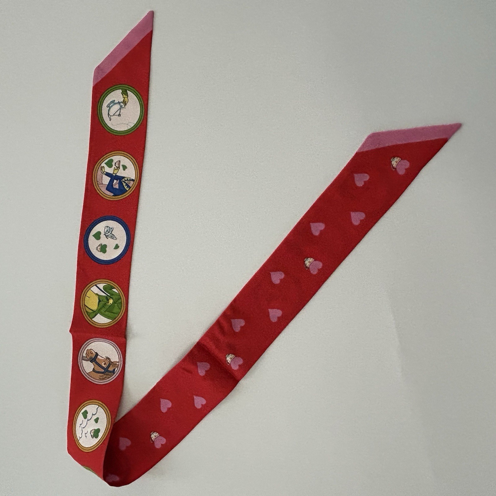 Hermès Twilly Silk Scarf Timeline Hearts Red Pink Narrow Ribbon Neck Tie Wrap