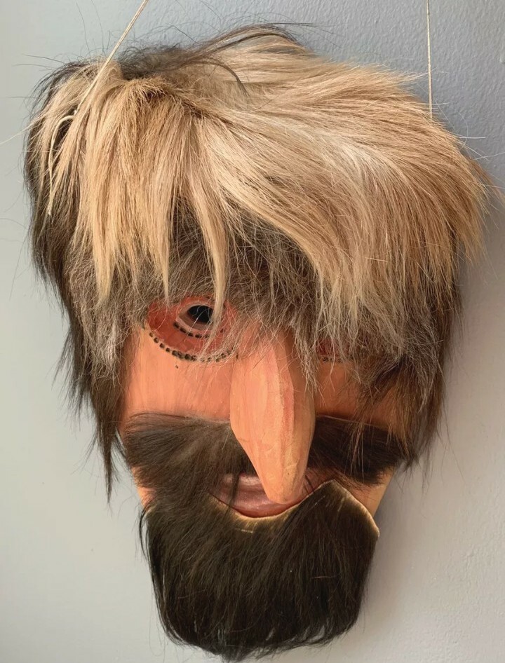 Romanian Traditional Dance Mask Vintage Moldovan Wood Carving Fur Dance Mask