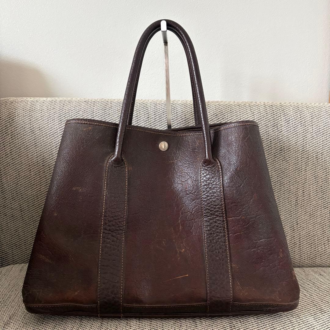 HERMES Garden Party Amazonia Leather Tote Handbag Brown Authentic Pre-owned