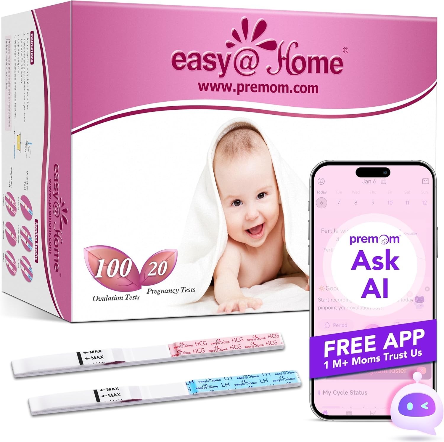Easy@Home 100 Ovulation + 20 Pregnancy Test Strips | TTC App-Supported Kit