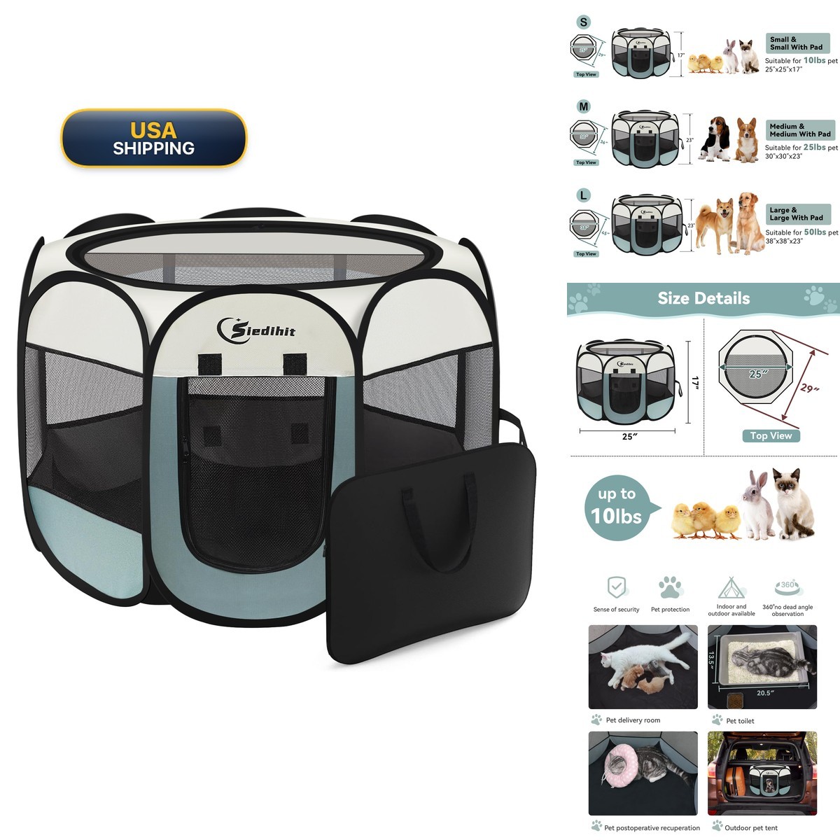 Siedihit Dog Cat Playpen Portable Pop Up Grey Small with Carrying Case Siedihit Dog Cat Playpen Portable Pop Up Grey Small with Carrying Case