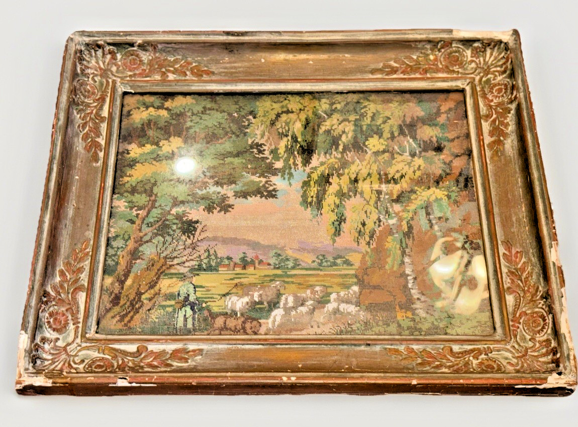 1880s Victorian Needlepoint Farm Sheep Herder Scene Landscape Gold Frame 18x21
