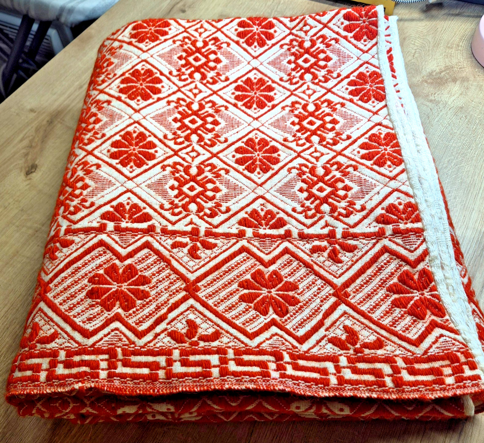 Vintage Greek Wool Blanket Karameloti Handwoven Ultra Orange Boho Bedspread 70s
