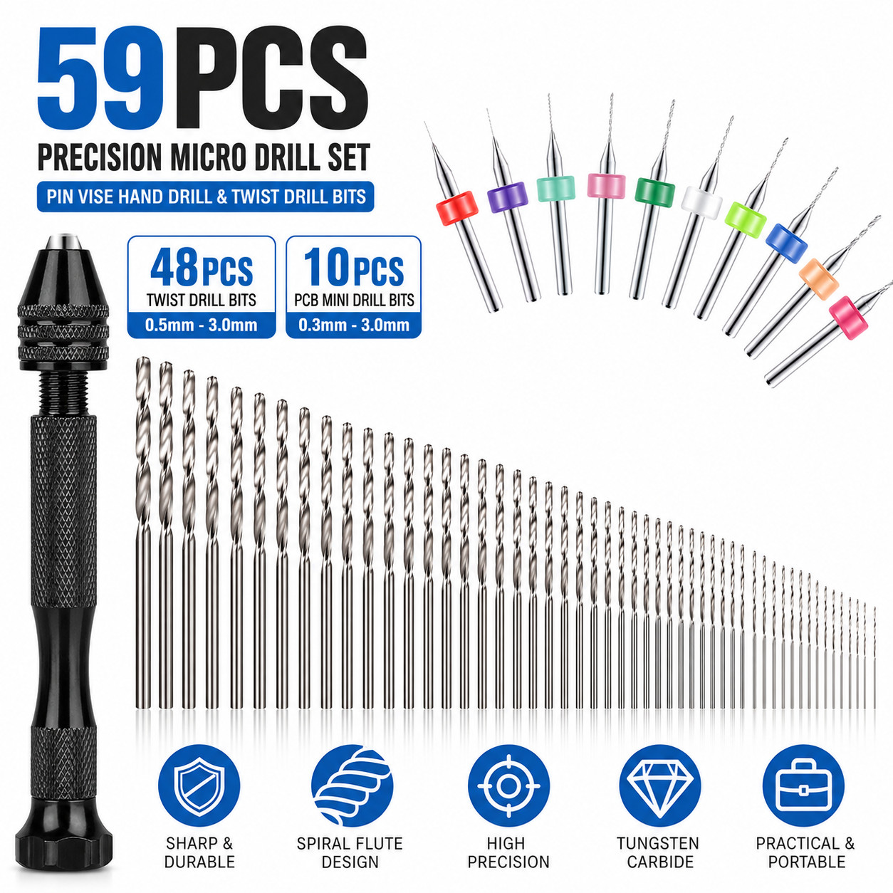 59 PCS Twist Drill Bits Set Mini Micro Hand Rotary Precision Pin Vise Tools Kit 59 PCS Twist Drill Bits Set Mini Micro Hand Rotary Precision Pin Vise Tools Kit