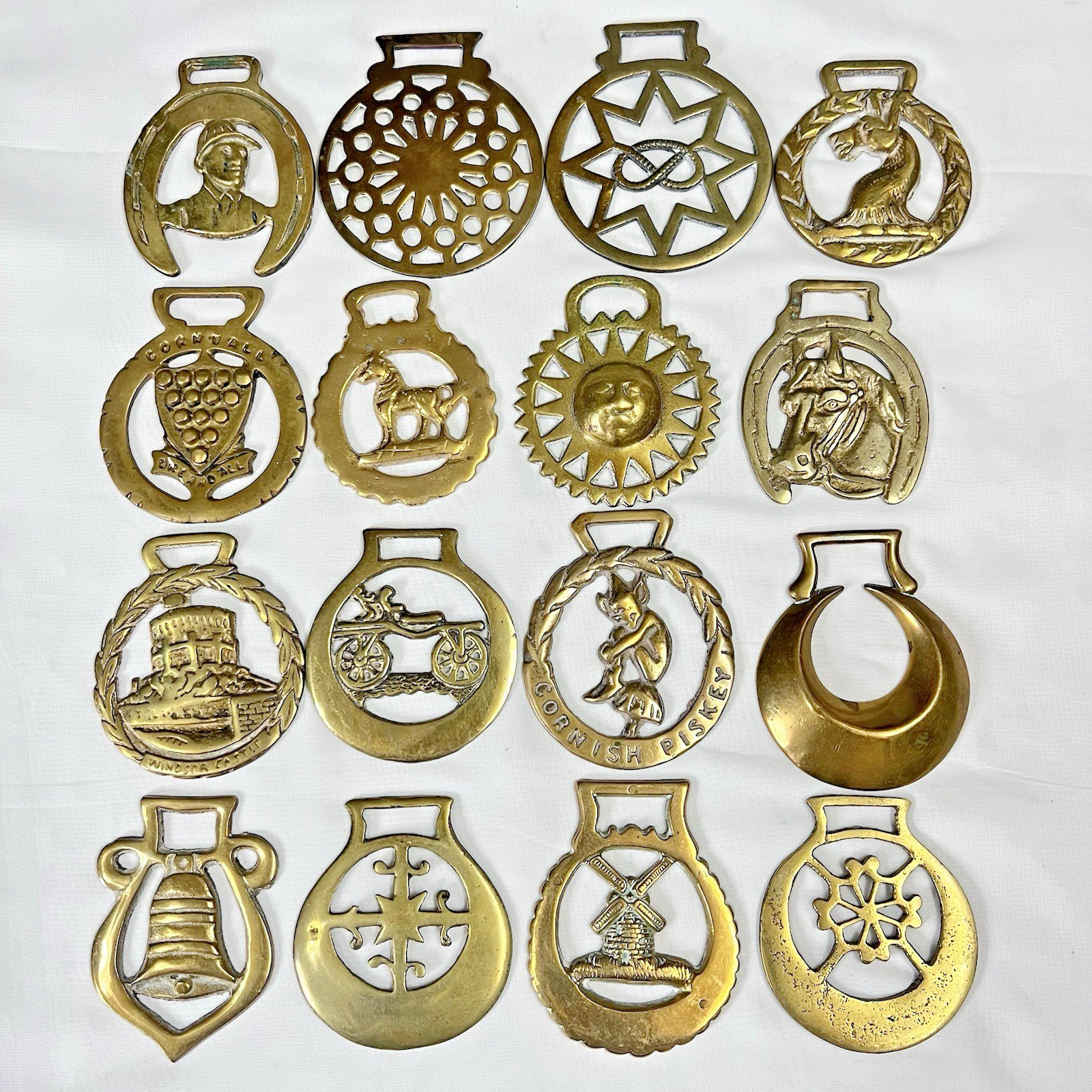 Brass Horse Medallion Lot of 16 Antique to Vintage Horseshoe Sun Bell Jockey