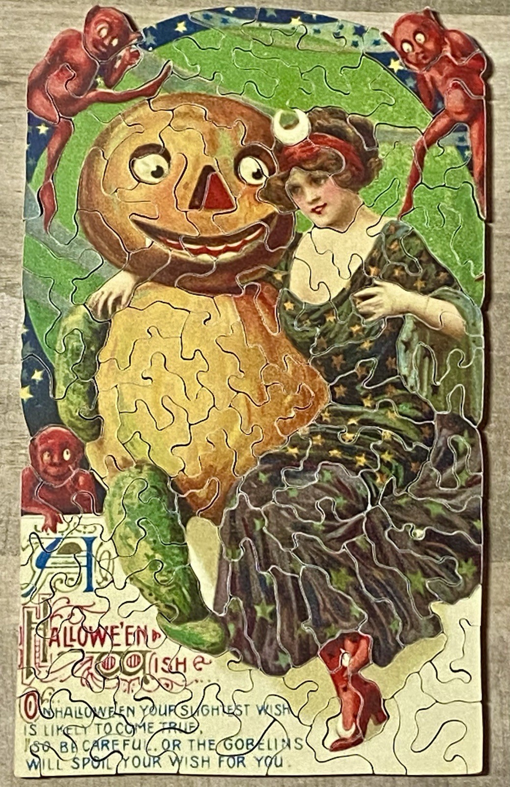 HAND-CUT Wooden Puzzle 106 Pc Color-Line Cut Antique Halloween Postcard Art #175