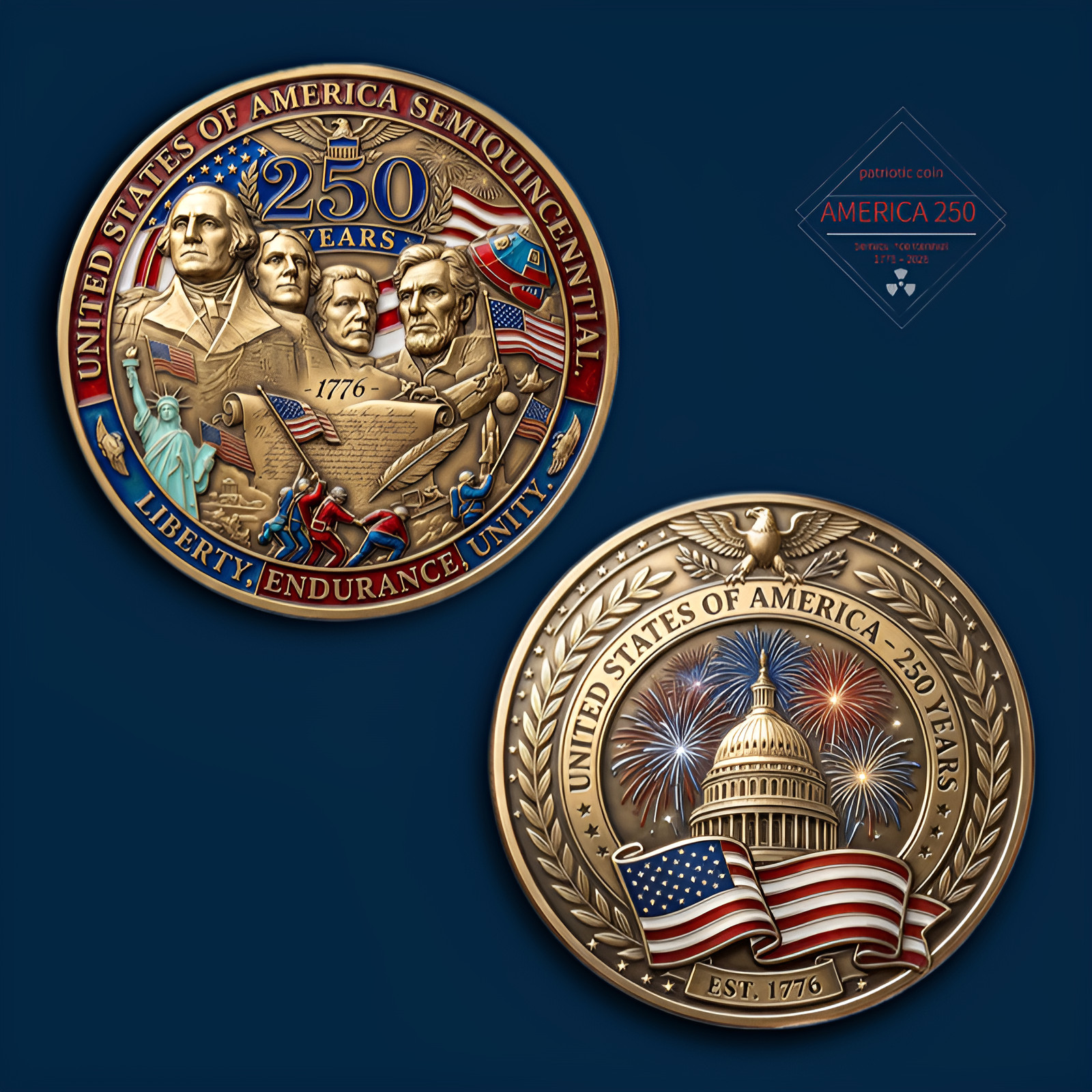 1776 USA 250 Years Semiquincentennial Commemorative Challenge Coin US Capitol 1776 USA 250 Years Semiquincentennial Commemorative Challenge Coin US Capitol