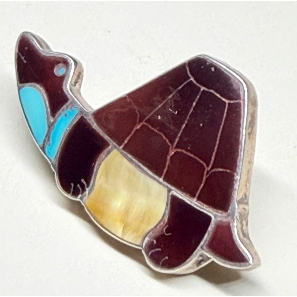 Vintage Eva Etsate Zuni Sterling Silver Channel Inlay Turtle Pin Pendant