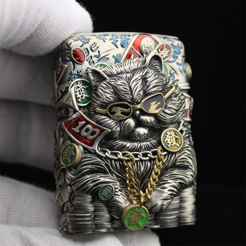 Lucky Cat Heavy Armor Handmade Lighter - Silver & Bronze | Gift | Zippo