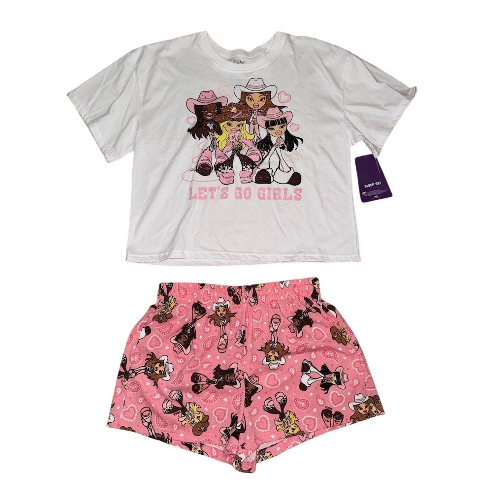 Bratz Let\'s Go Girls Cowgirl Pajama Set Womens L Pink Graphic T Shorts sleepover