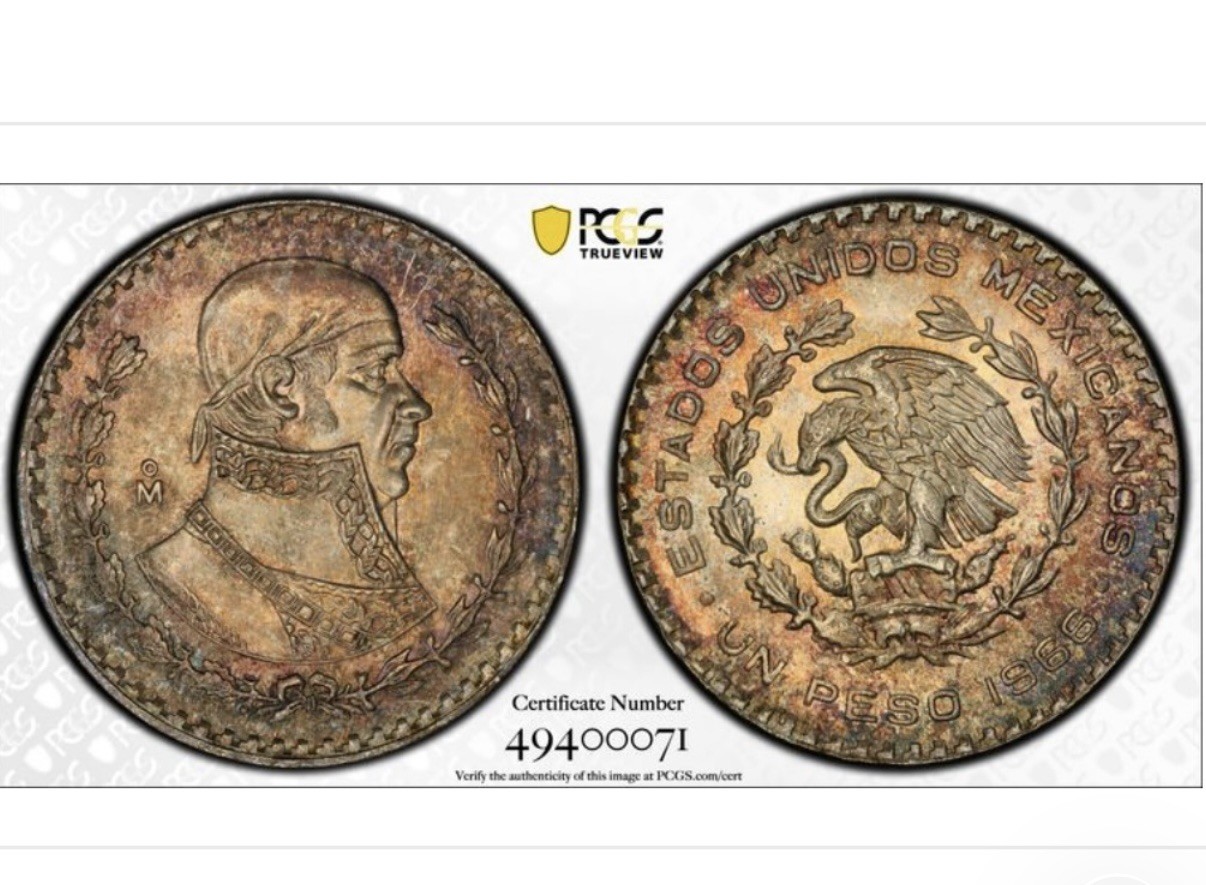 MS66 1966-Mo Mexico Silver 1 Peso, PCGS Trueview- Dual Sided Rainbow Toned MS66 1966-Mo Mexico Silver 1 Peso, PCGS Trueview- Dual Sided Rainbow Toned