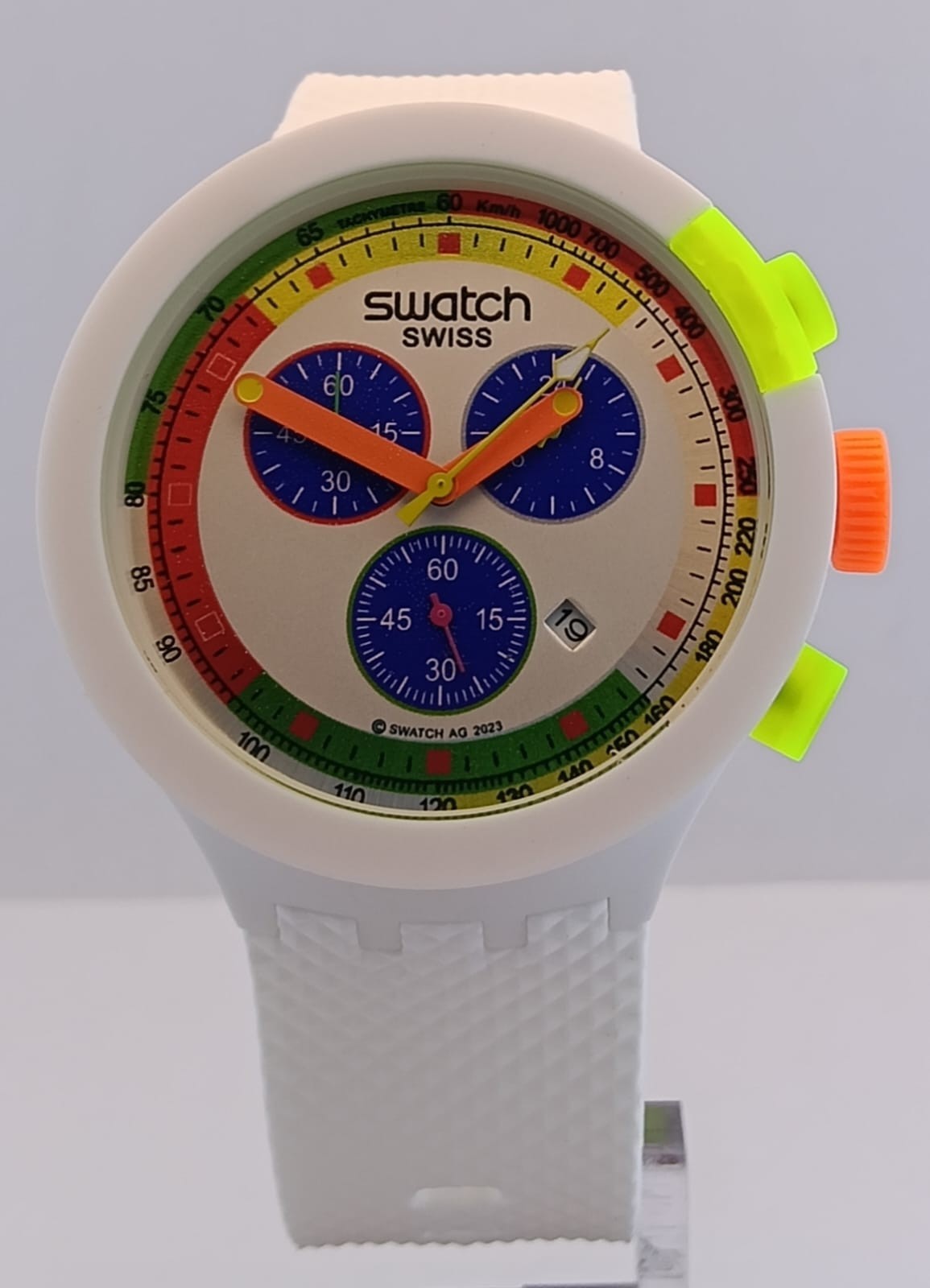 Vintage Swatch Neon Chronograph White Dial Date Rubber Band Men's Wristwatch