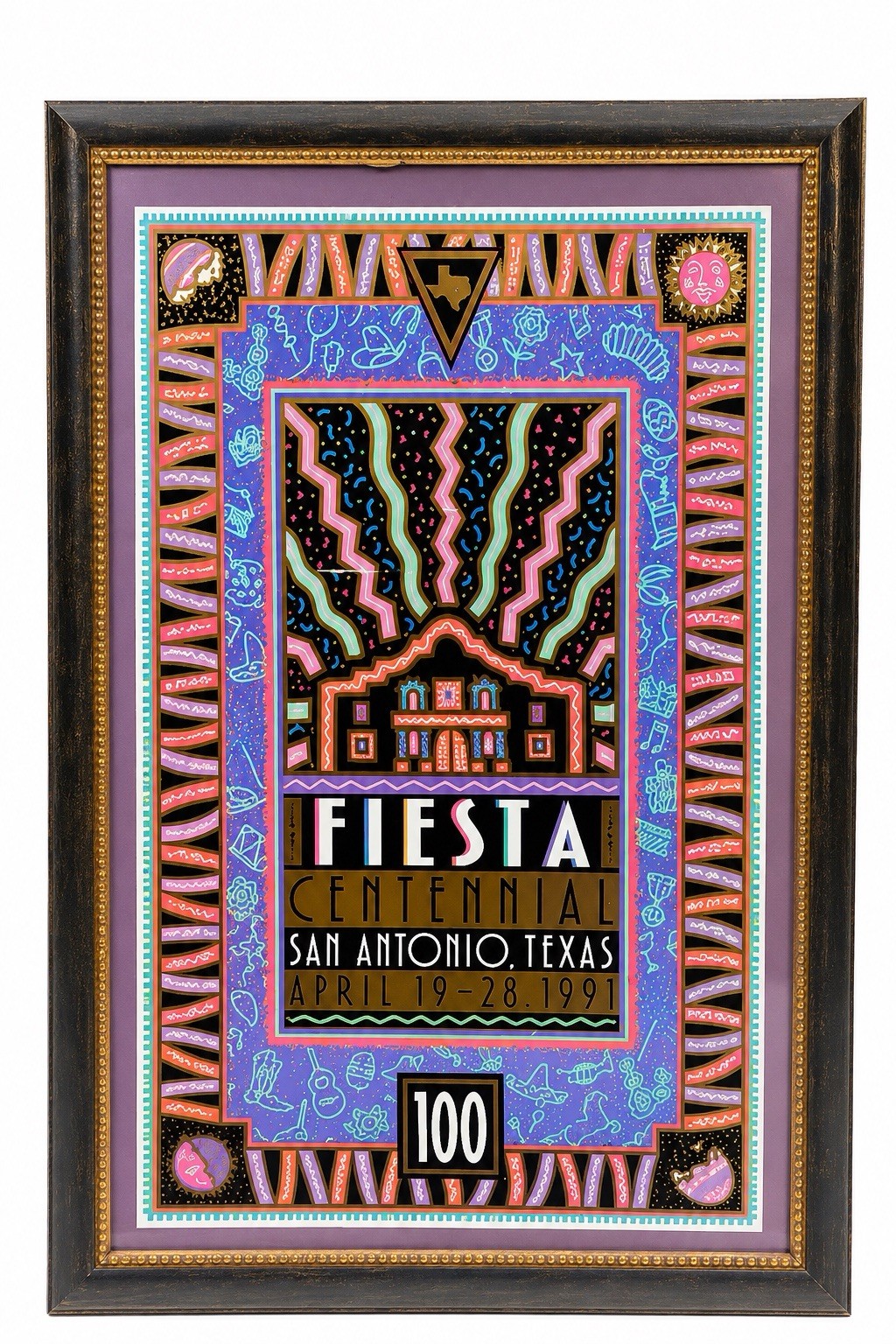 Vtg 1991 Fiesta San Antonio Centennial Poster Christopher Moroney Framed Texas