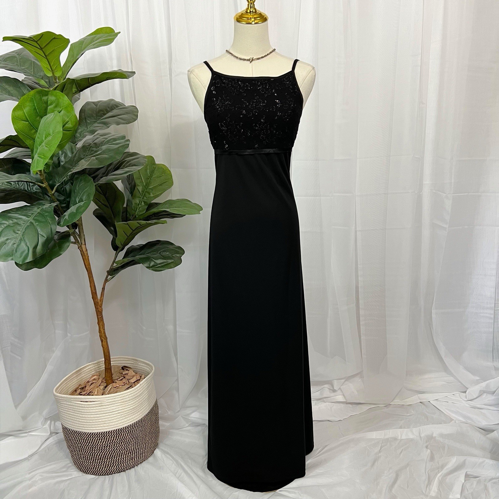 Vintage 90s Y2K Black Shimmer Floral Maxi Slip Dress Sz M/L Goth Formal