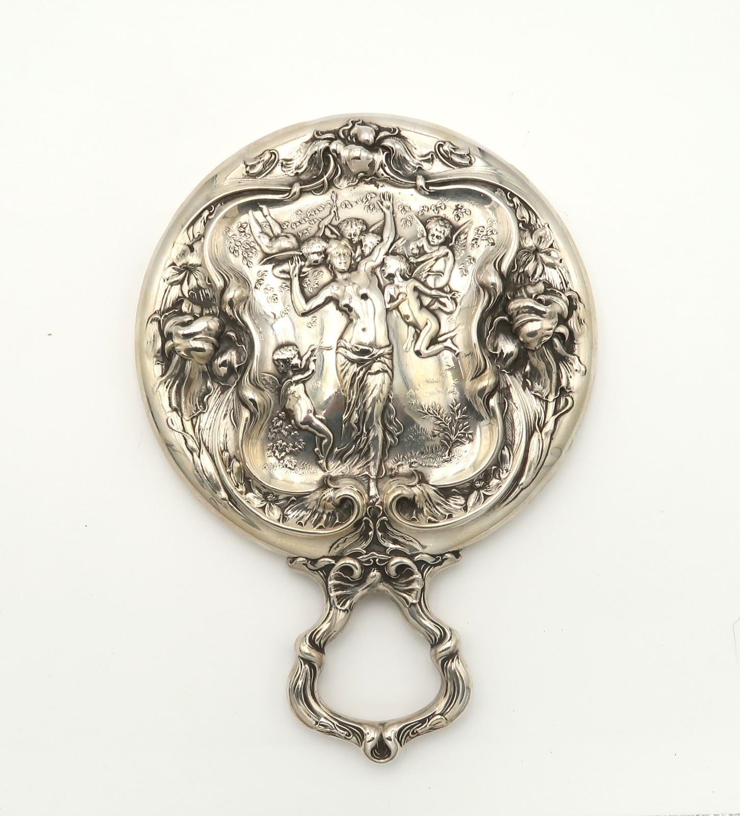 Antique Art Nouveau Sterling Silver Hand Mirror Repousse Cherubs Maiden Floral Antique Art Nouveau Sterling Silver Hand Mirror Repousse Cherubs Maiden Floral