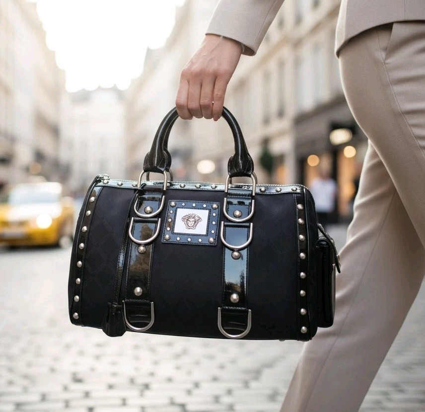 Gianni Versace Madonna Greek Key Medusa Black Studs Top Handle Bag Boston Bowler