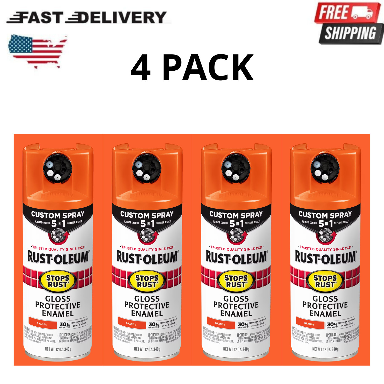 Rust-Oleum Stops Rust Custom Spray Paint 5-in-1 Gloss Orange 12oz, 4 Pack Rust-Oleum Stops Rust Custom Spray Paint 5-in-1 Gloss Orange 12oz, 4 Pack