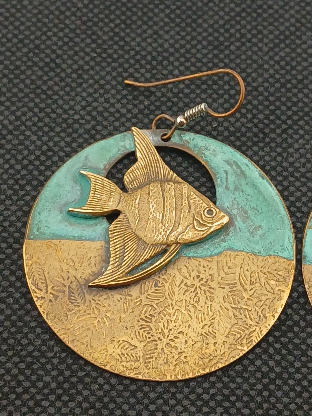 Vintage HANDCRAFTED Brass painted patina Angel Fish round dangle hook earrings Vintage HANDCRAFTED Brass painted patina Angel Fish round dangle hook earrings