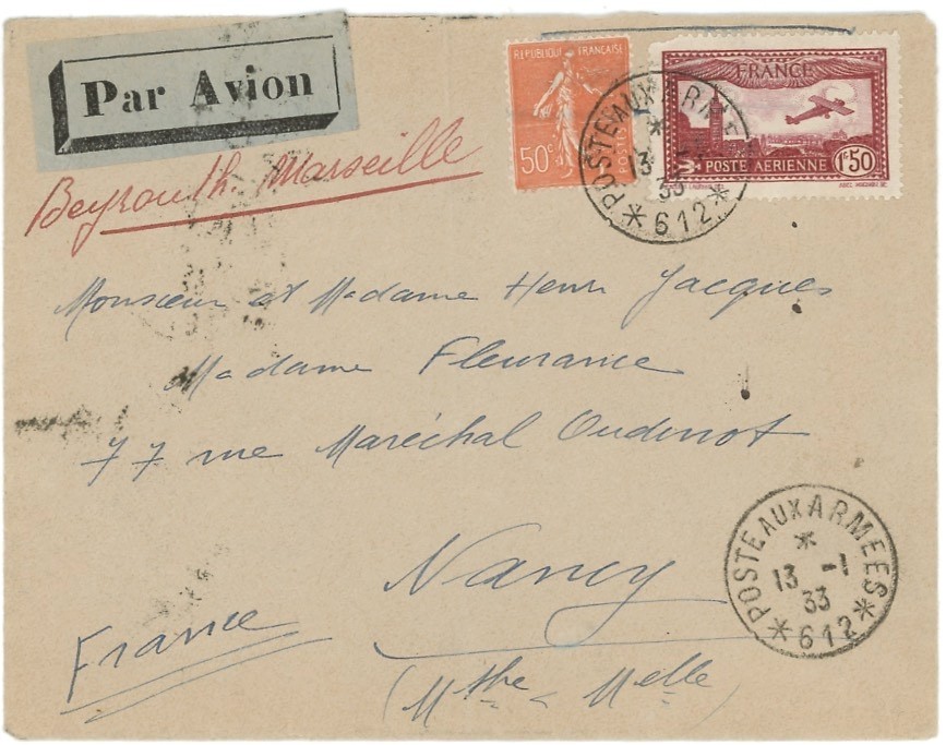 French Army Post in Levant , 1933 Air Cover w/POSTE AUX ARMEES 612 cds (Homs) French Army Post in Levant , 1933 Air Cover w/POSTE AUX ARMEES 612 cds (Homs)