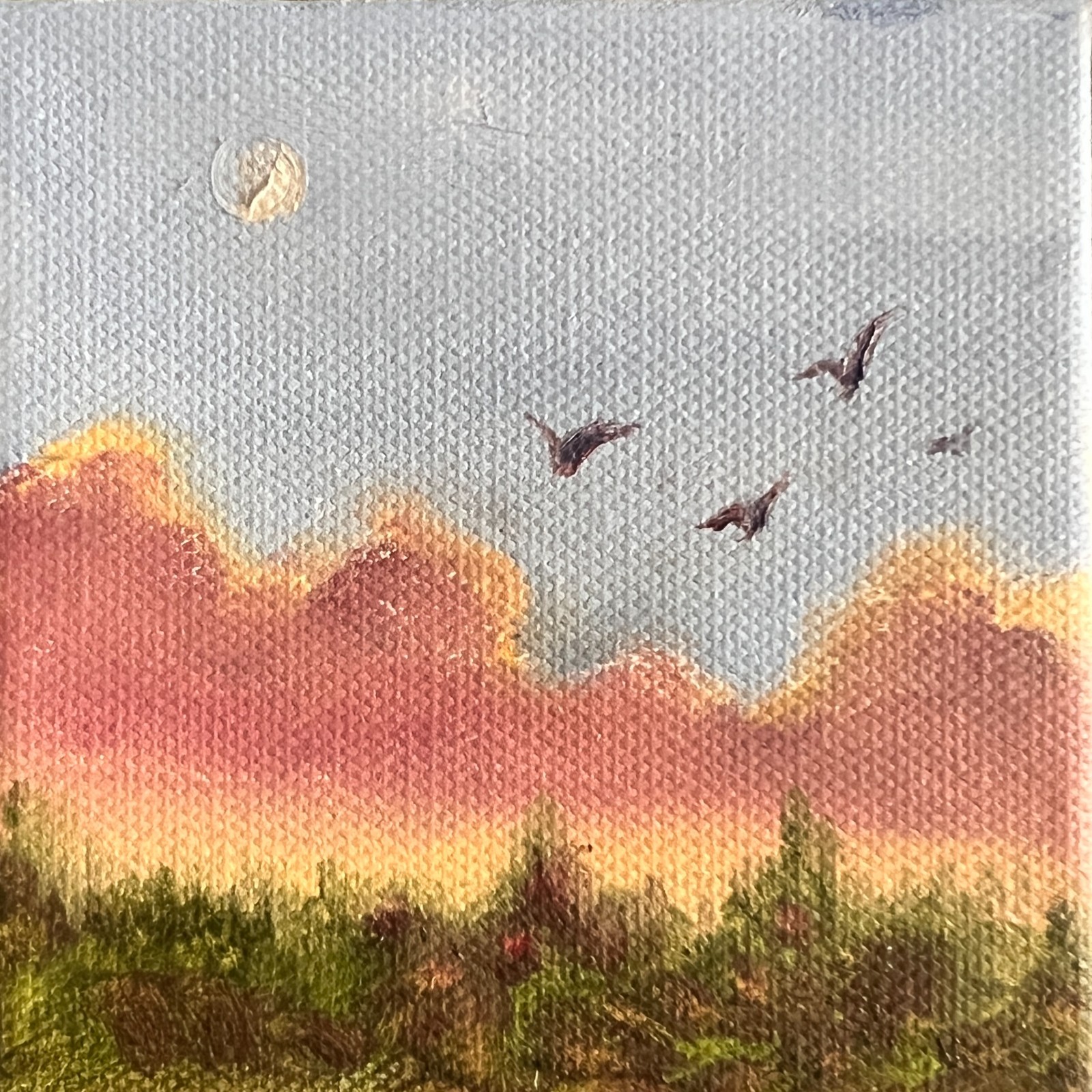 Sophie Dare Original Art, 4x4x1.5 Bird Oil painting Flock 2 w/ ribbon