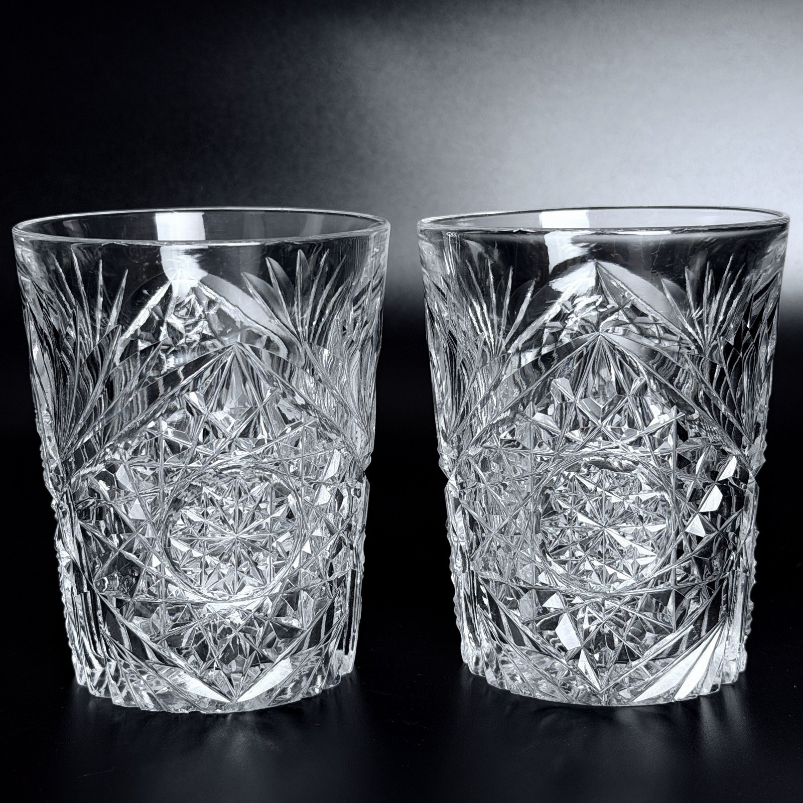 Antique ABP American Brilliant Cut Glass Crystal Tumbler Hobstar Fan Pattern 4”