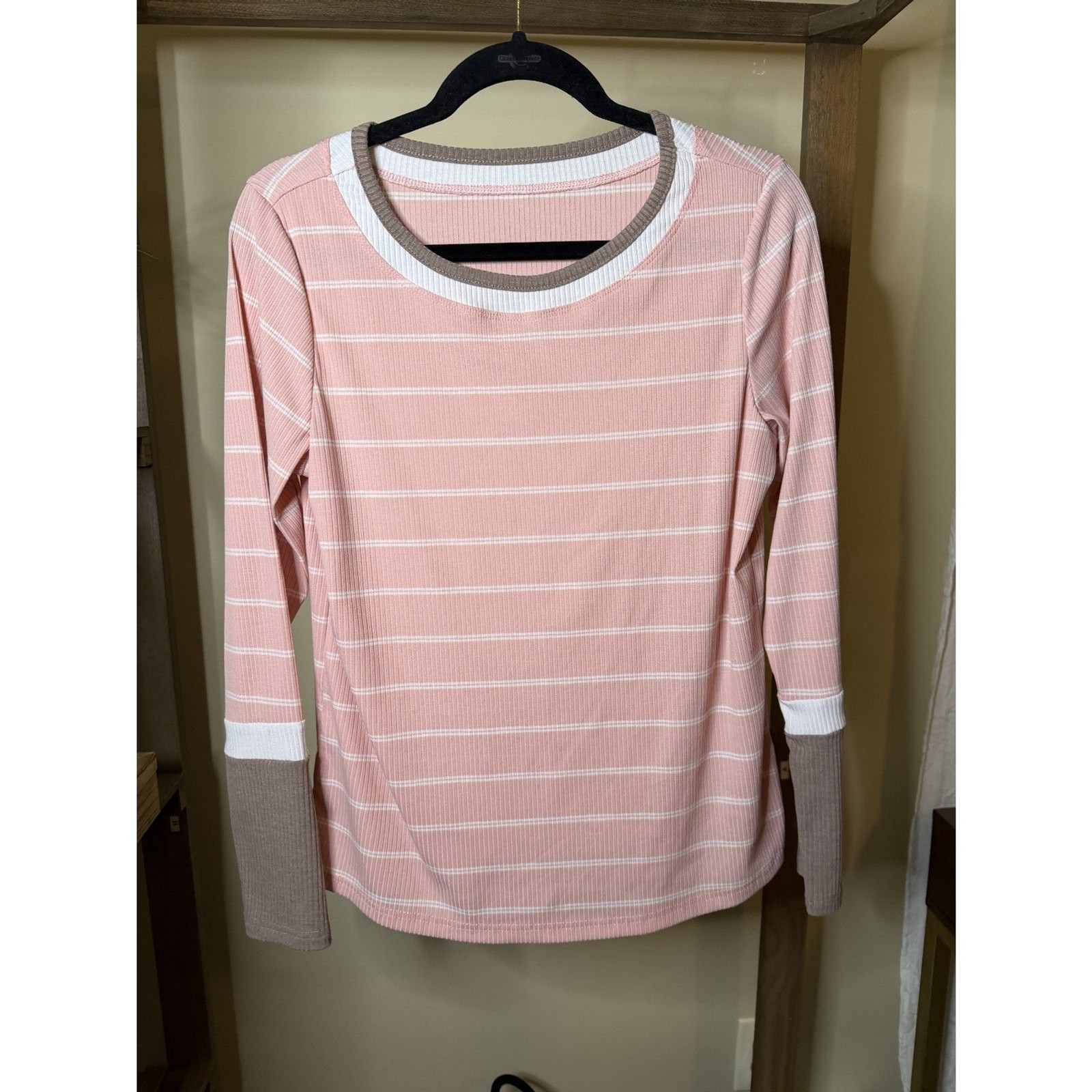 Women\'s Pink, White & Brown Long Sleeved Top, Size Medium