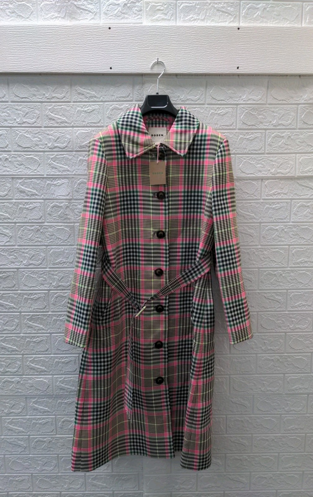 New Boden Lancaster Belted Mac Brown Neon Pink Check Sz 14R New Boden Lancaster Belted Mac Brown Neon Pink Check Sz 14R