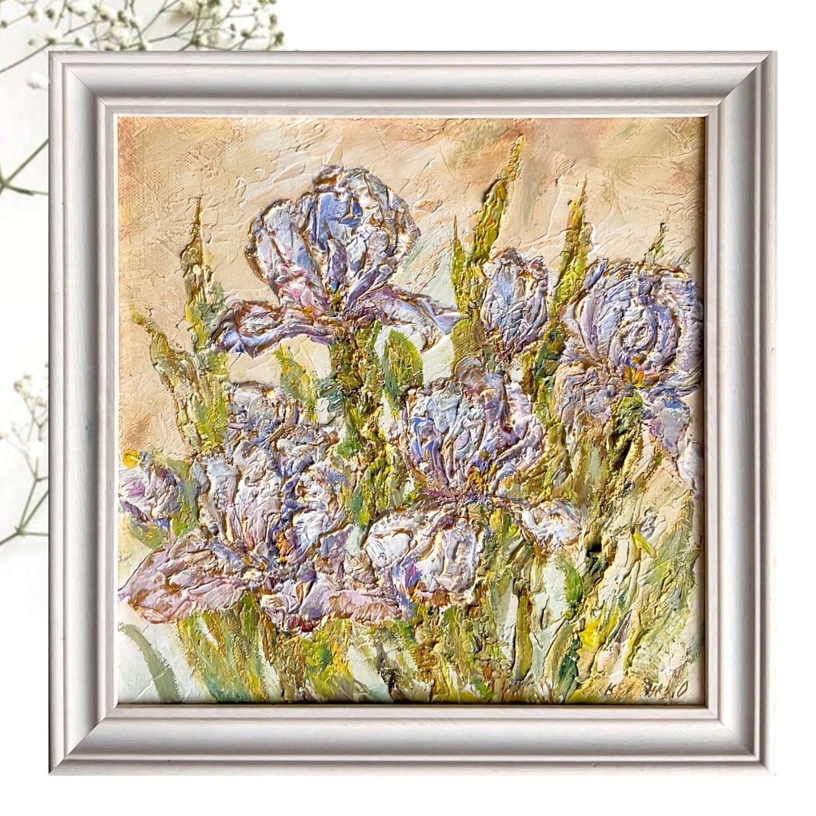 Original Oil Painting Textured 3D artwork of Irises in pastel tones 12x12in Original Oil Painting Textured 3D artwork of Irises in pastel tones 12x12in