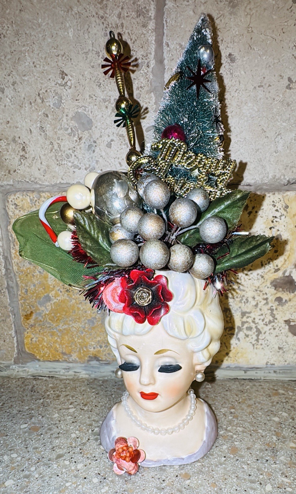 Vintage Inarco  CHRISTMAS LADY HEAD VASE Mercury Glass Beads 1960’s Mid Century