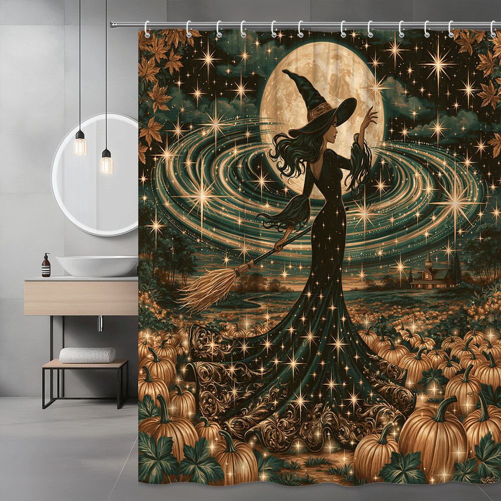 Witch Halloween Shower Curtain Moon Stars Pumpkin Graphic