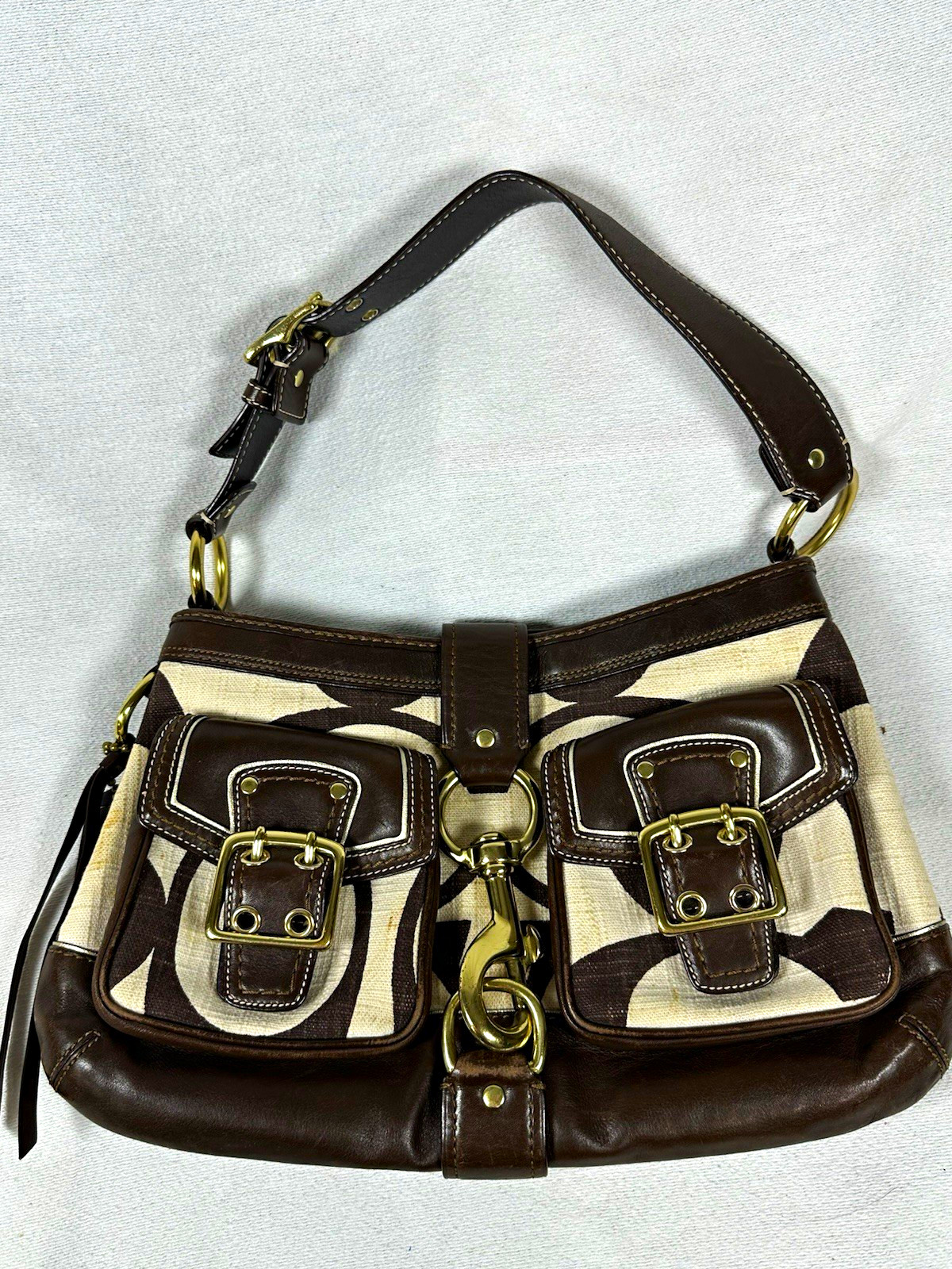 ⁠Vintage Coach Mandy 7469 Legacy Hobo Shoulder Bag Canvas Leather Flap Brown