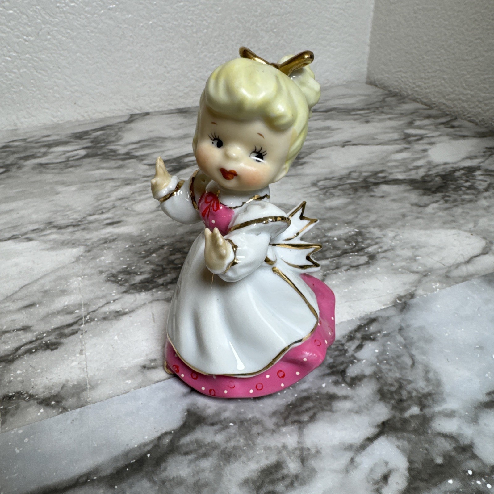Vintage Lefton Blonde Girl Figurine Pink/White Dress Gold Trim 4.5'' Vintage Lefton Blonde Girl Figurine Pink/White Dress Gold Trim 4.5''