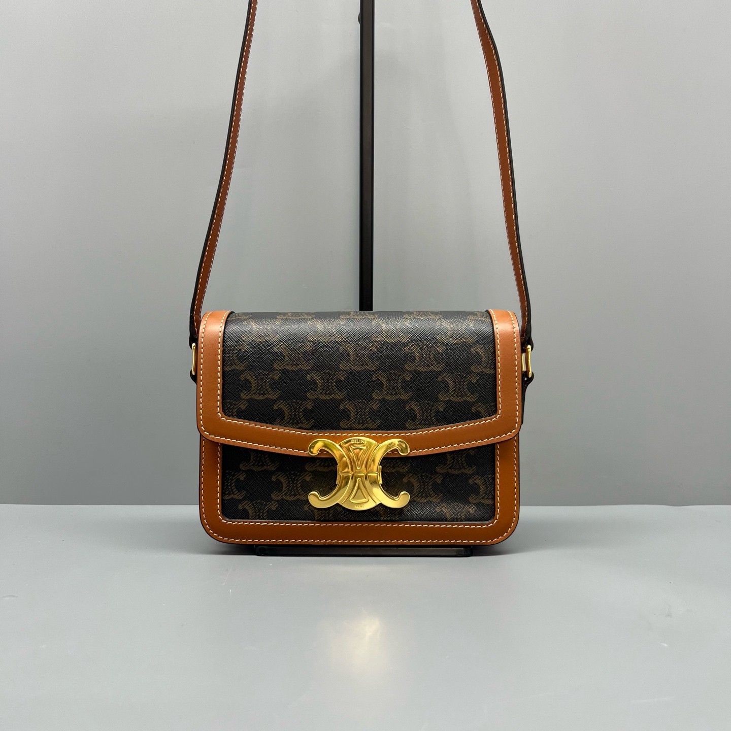 Celine Teen Triomphe Box Brown Canvas Leather Flap Shoulder Crossbody Bag Celine Teen Triomphe Box Brown Canvas Leather Flap Shoulder Crossbody Bag