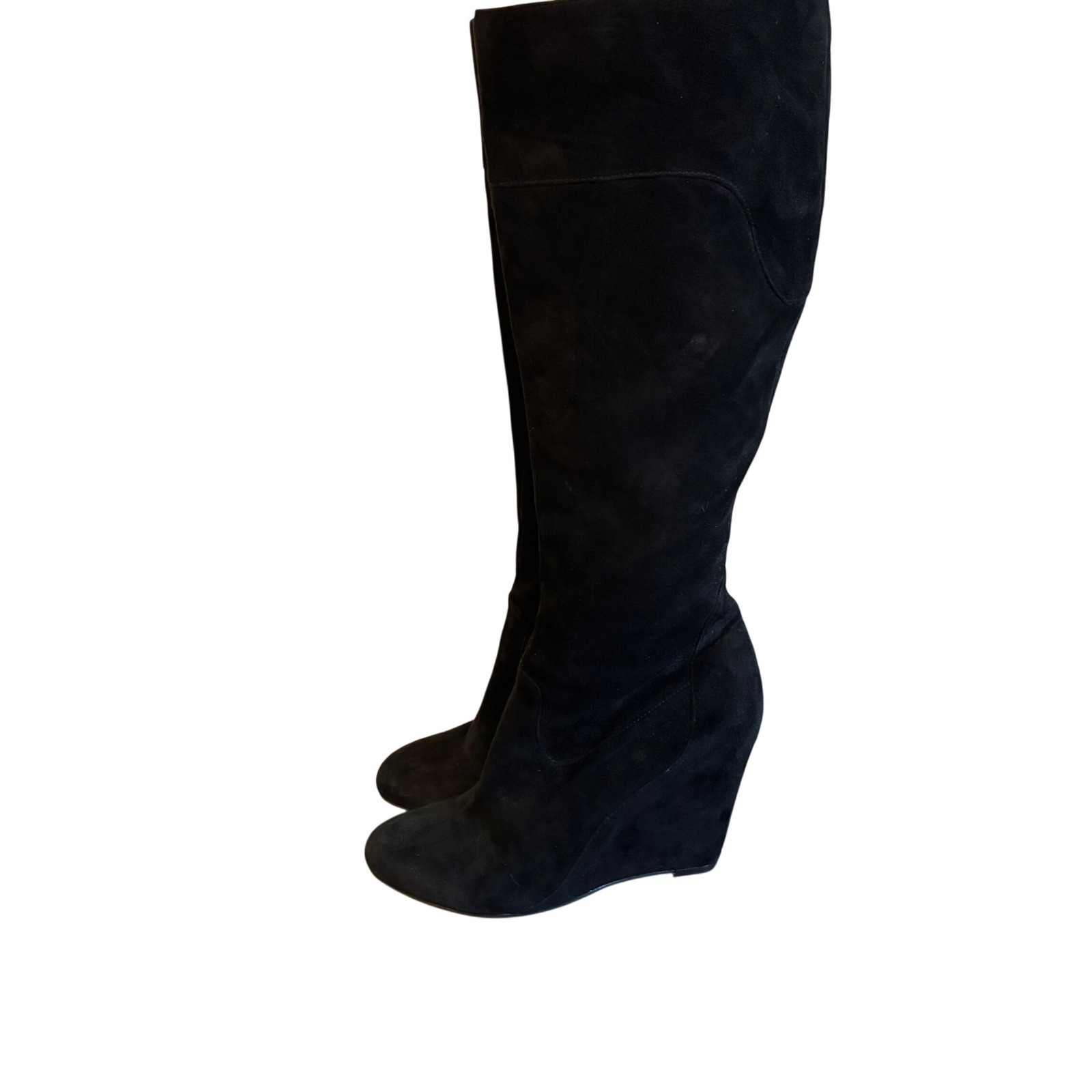Via Spiga Y2K Wedge Knee High Suede Boots Women Size 8.5 Black Indie Sleeze Luxe