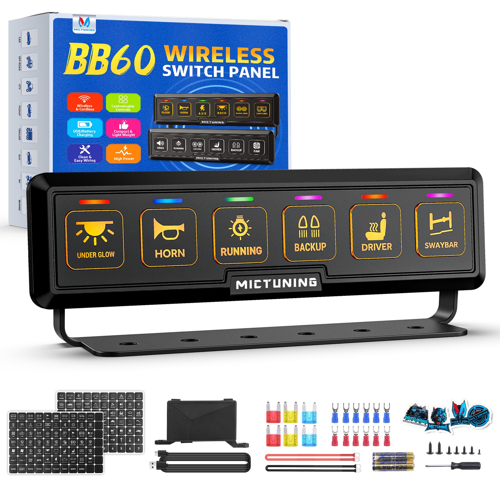 MICTUNING Wireless RGB 6 Gang Switch Panel 12v 24v LED Control Relay System Box