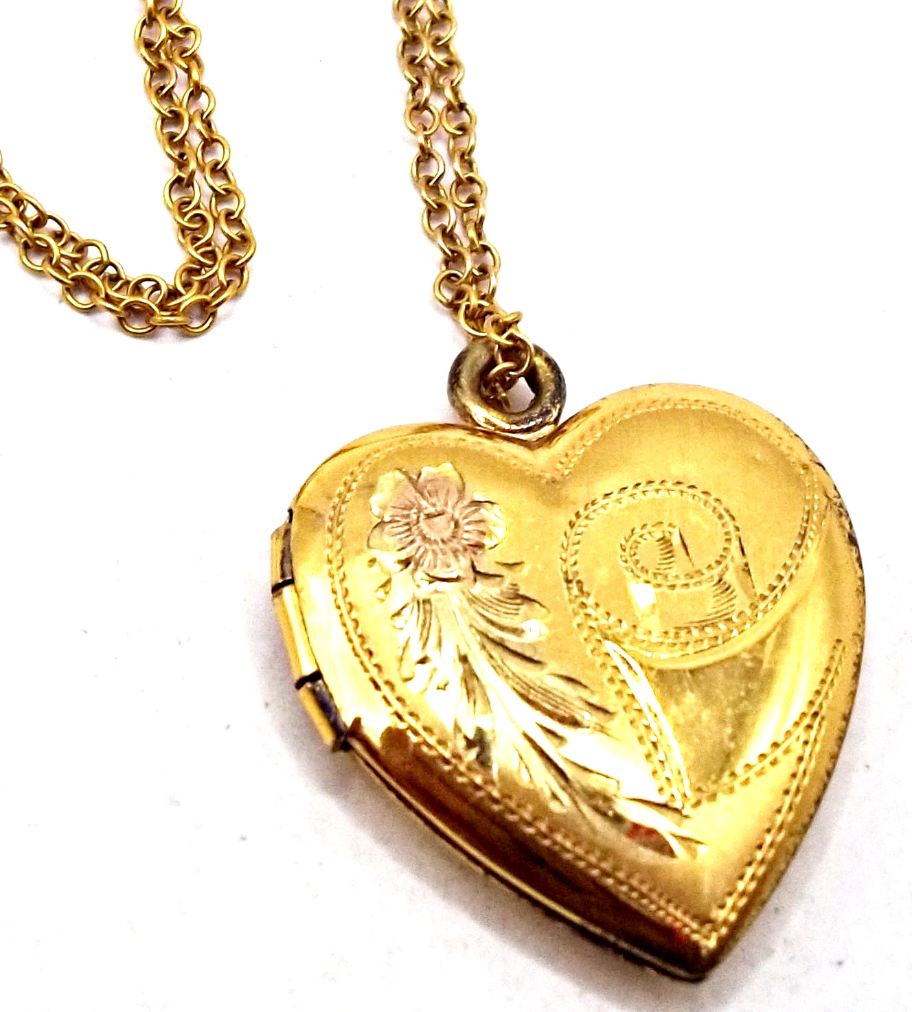 Vintage Signed Silver Frame Gold Engraved Heart Locket Necklace – Floral Design