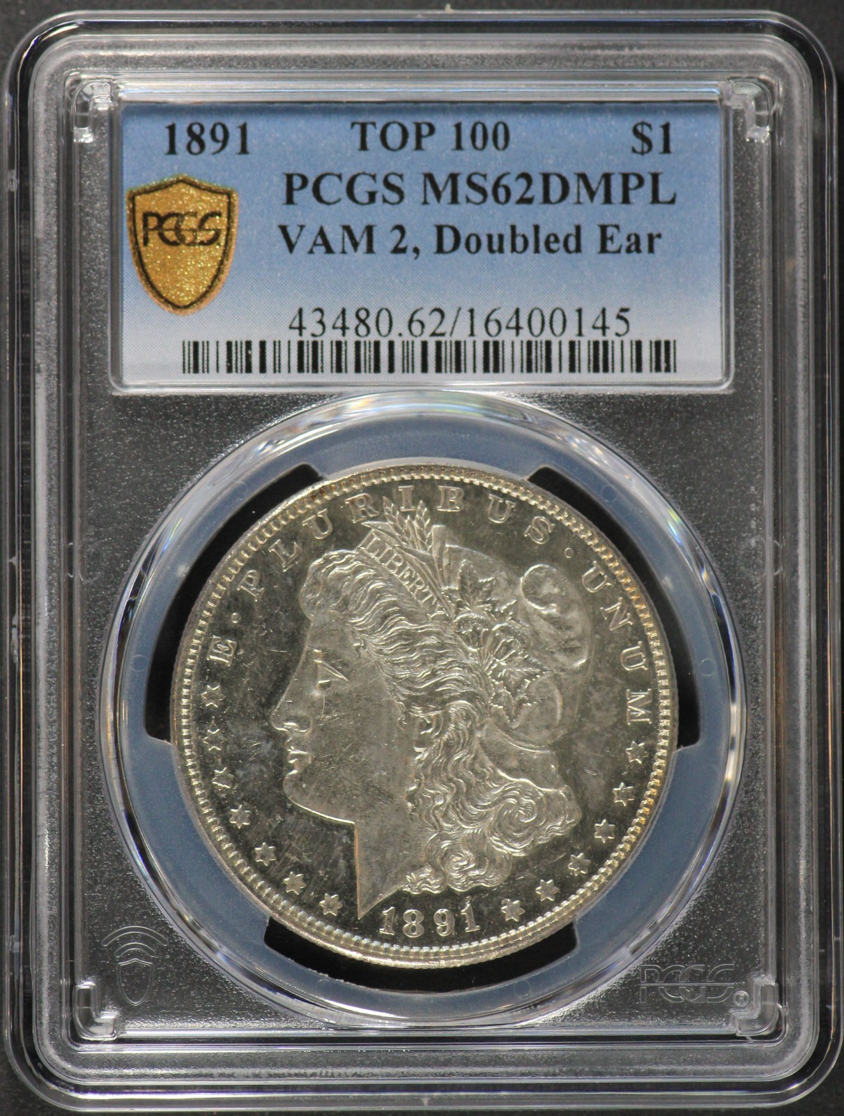 1891 (P) PCGS Morgan Silver Dollar MS62DMPL VAM 2, Doubled Ear Deep Mirrors 1891 (P) PCGS Morgan Silver Dollar MS62DMPL VAM 2, Doubled Ear Deep Mirrors