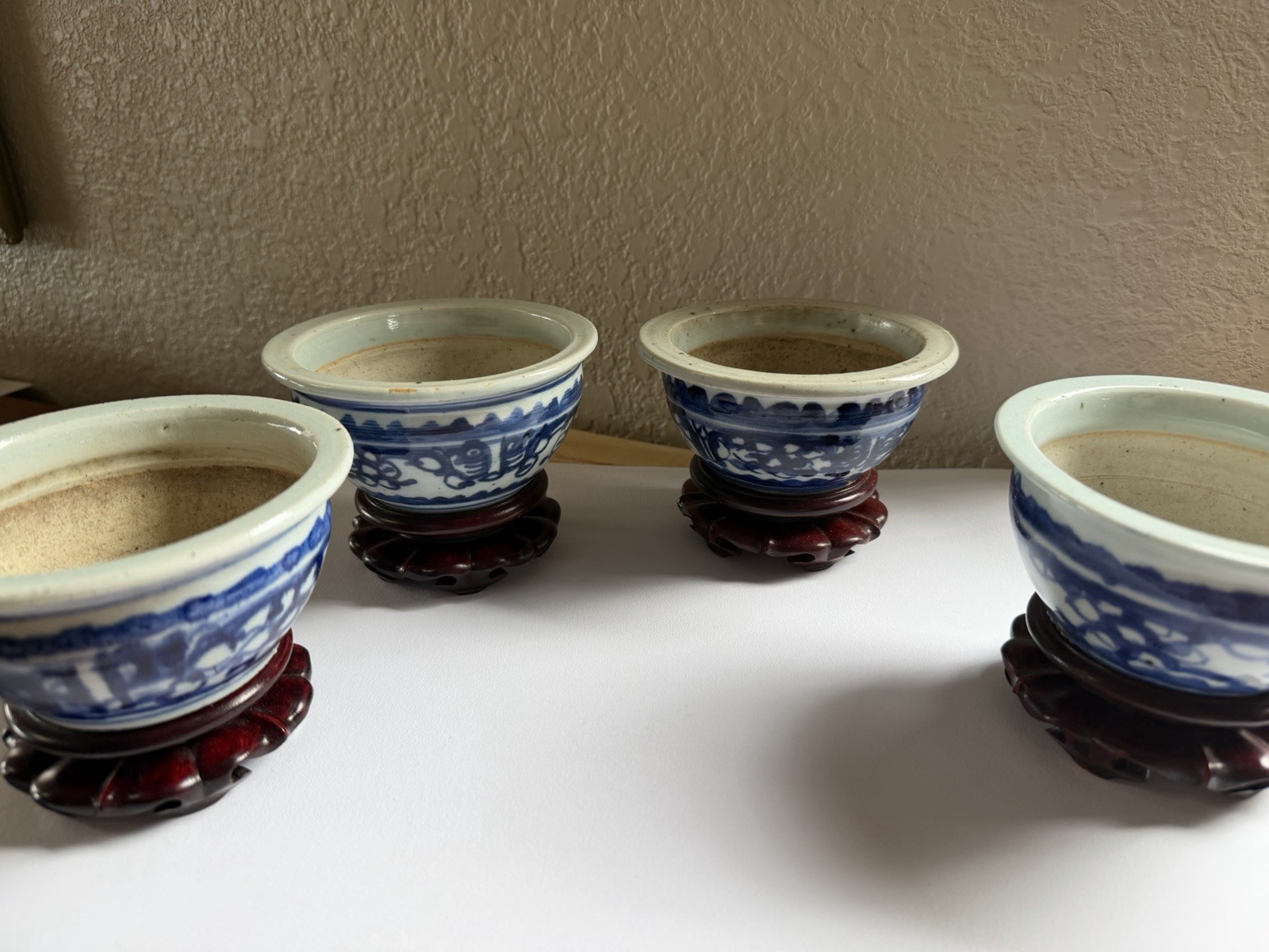  Antique Chinese Porcelain Blue and White  Incense Bowls set of 4 with stands.