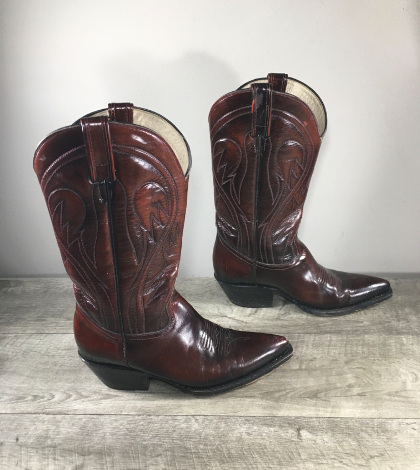 Vintage Oxblood Flames Leather Cowboy Western Mens Pull On Snip Toe Boots Size 7