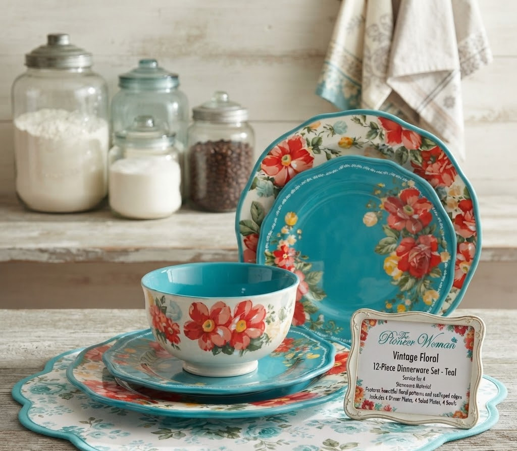 Pioneer Woman Vintage Floral Teal 12-Piece Dinnerware Set